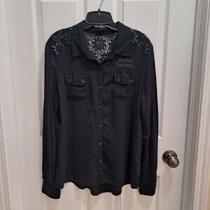 Harley Davidson Shirt Women's Size Large Black Crochet Flower Accents Rayon